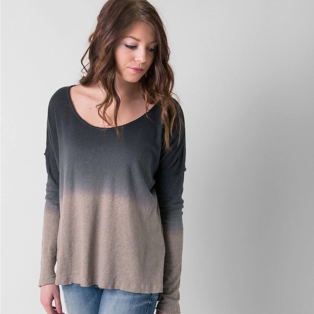Free People ll WE THE FREE Ombre Long Raw Hem Sleeve Top - Black and Taupe